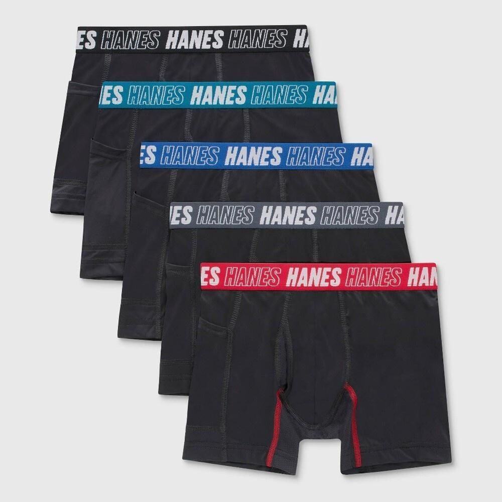 Hanes Moves Boys' Anti-Chafe Boxer Brief Underwear, Black, 5-Pack Assorted M NWT